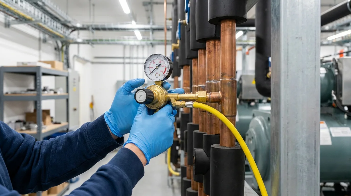Refrigeration engineer pressure testing air conditioning copper pipework with a nitrogen regulator