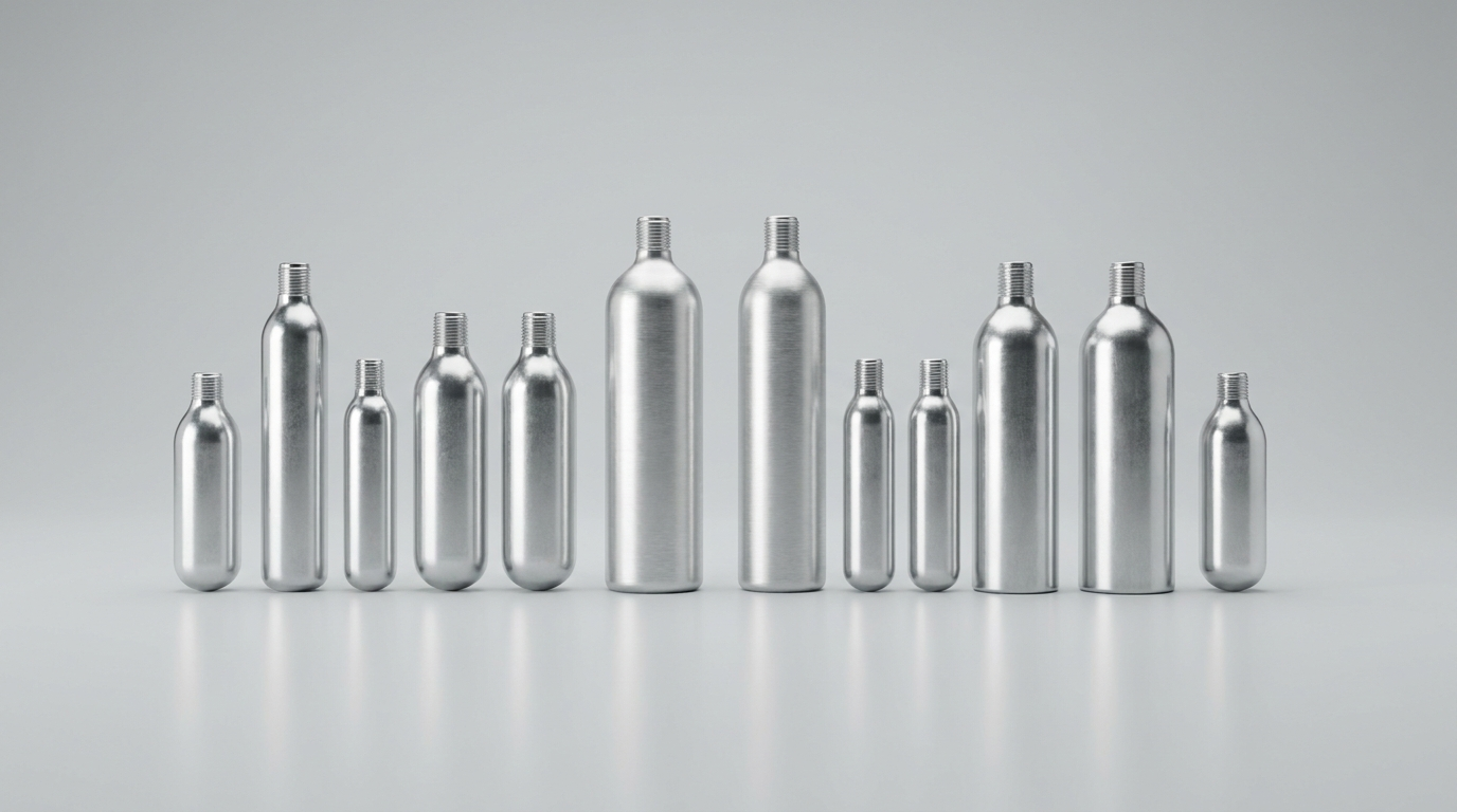A range of small silver CO₂ refill cylinders in different sizes on a clean studio surface