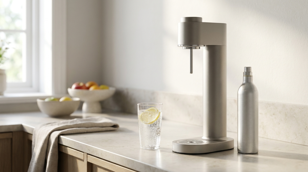 Home sparkling-water maker with a small CO2 cylinder and a glass of carbonated water on a kitchen counter
