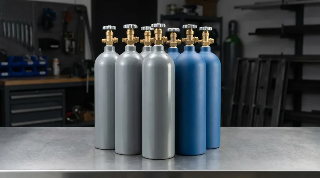 A row of compact disposable welding gas cylinders on a workshop bench