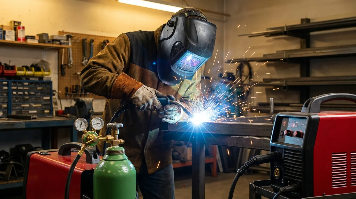 Welder MIG welding steel with a shielding-gas cylinder and regulator