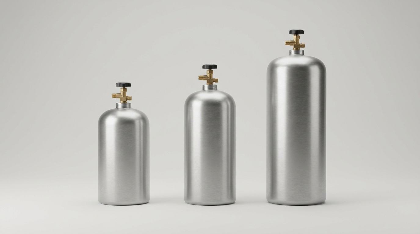 Different sizes of camping gas butane bottles side by side