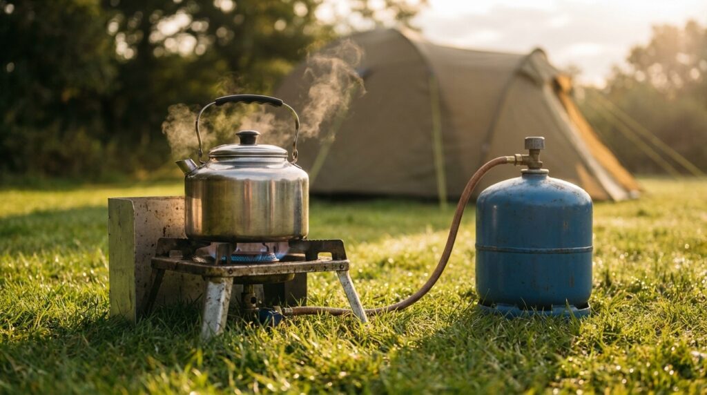 Camping stove running on a butane gas bottle at a campsite