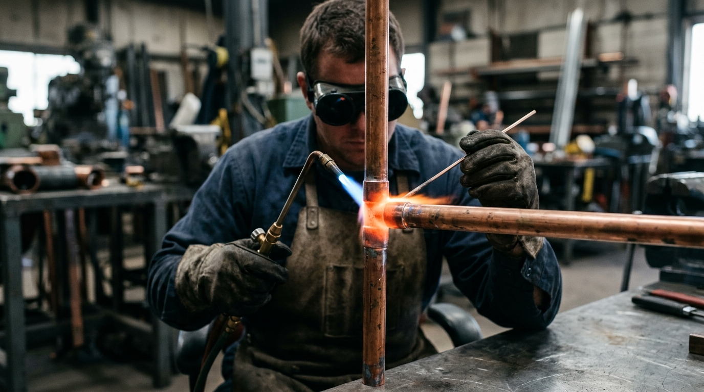 Tradesperson brazing a copper pipe joint with an oxy-propane torch