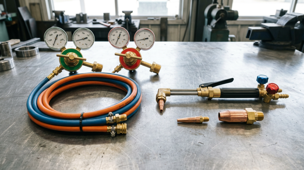 Oxy-propane torch kit on a workshop bench: regulators, twin hoses, cutting torch and nozzles