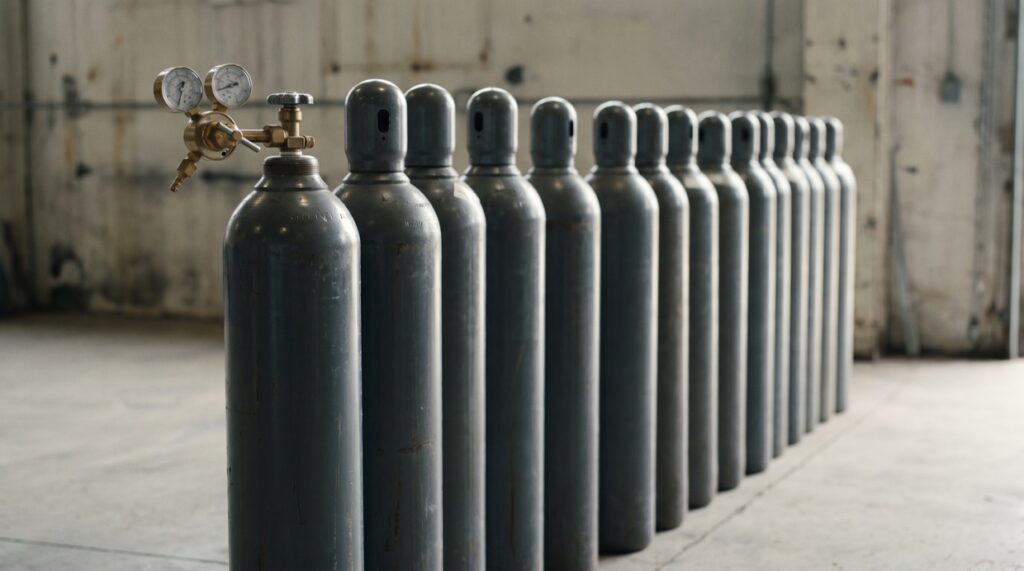 Row of argon welding gas cylinders with a regulator fitted