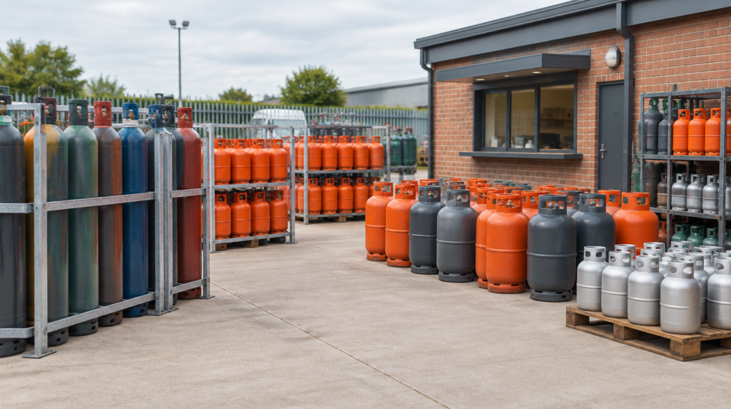 Rows of propane, welding and helium gas cylinders at a local Adams Gas supplier forecourt