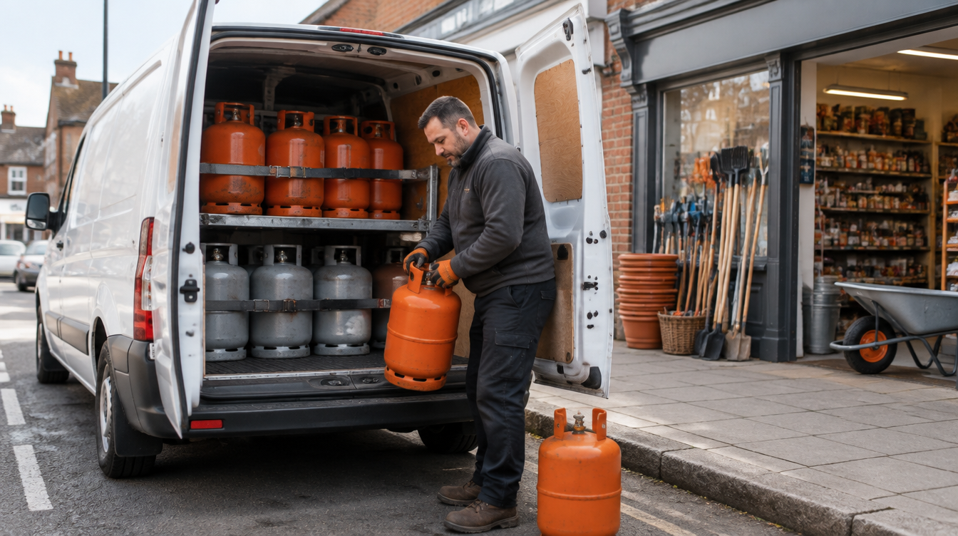 Worker unloading a propane gas cylinder from a delivery van outside a local shop