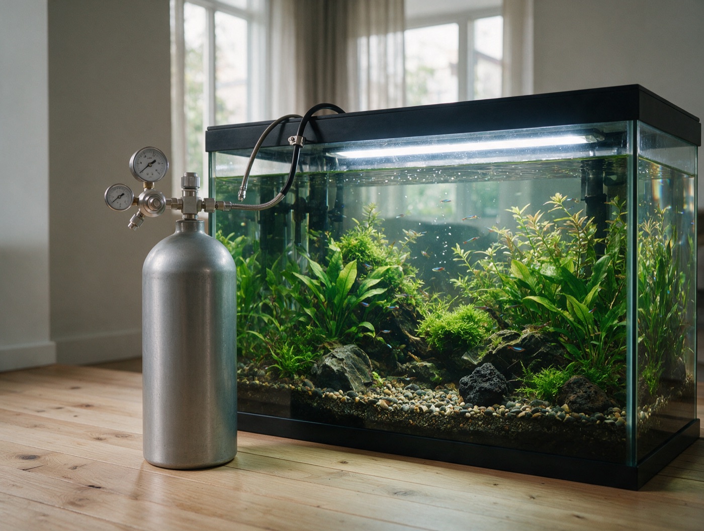 CO₂ cylinder and regulator set up beside a planted aquarium