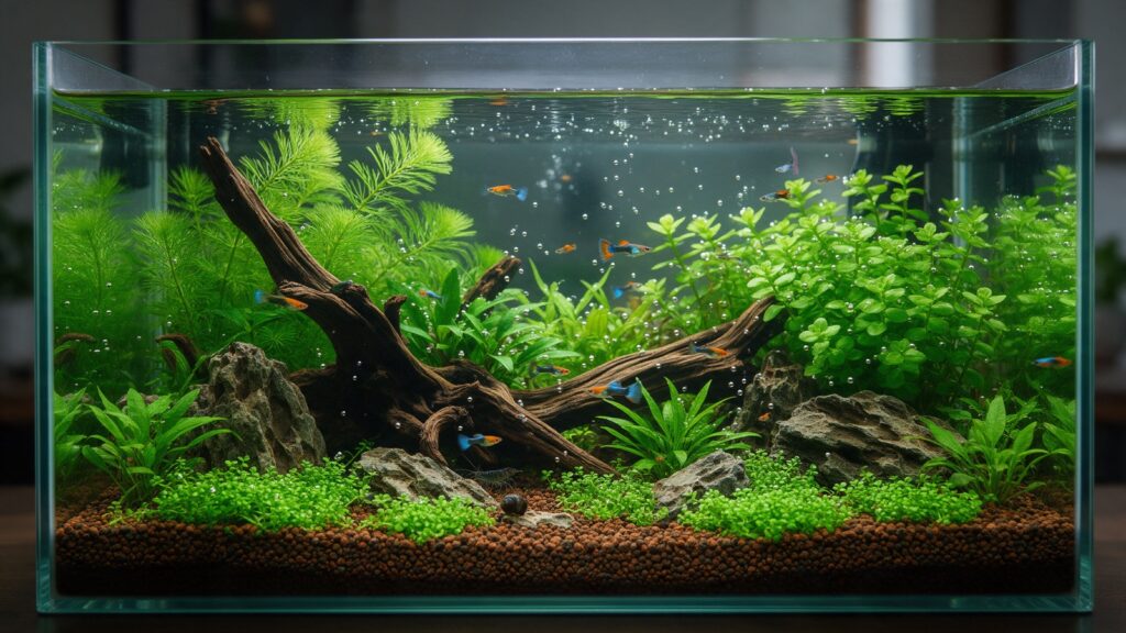 Planted freshwater aquarium with CO₂ pearling on the leaves