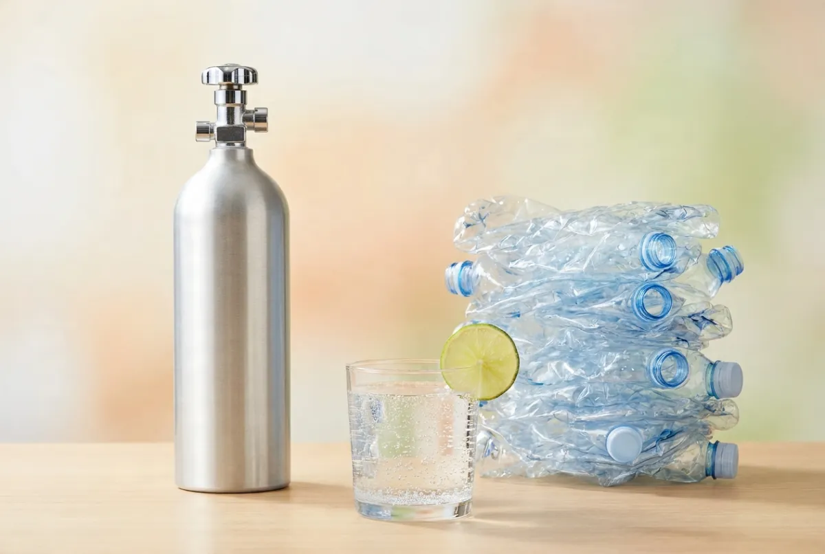 A refillable CO₂ cylinder beside the stack of single-use plastic bottles it replaces
