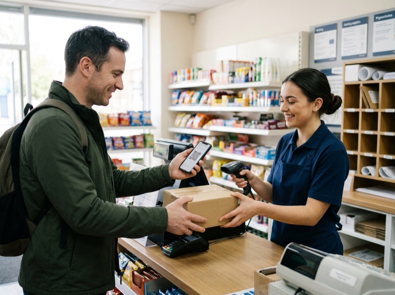Customer dropping a parcel at a DPD point with a QR code on their phone
