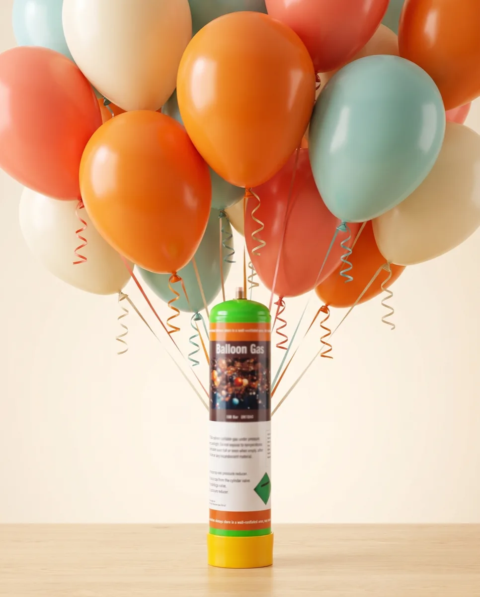 Helium balloon gas canister surrounded by inflated party balloons