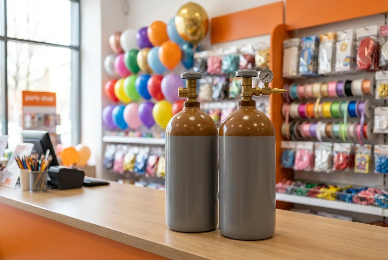 Refillable helium cylinders ready for trade use in a party shop